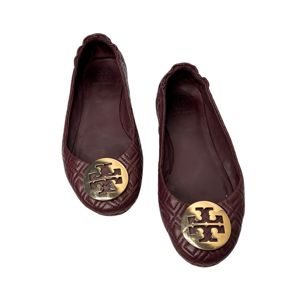 Tory Burch Maroon Quilted Flats with Gold Emblem